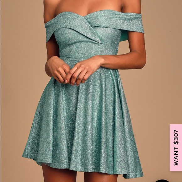 Lulus Dresses & Skirts - Mint Blue/Green Off the Shoulder Glitter Dress